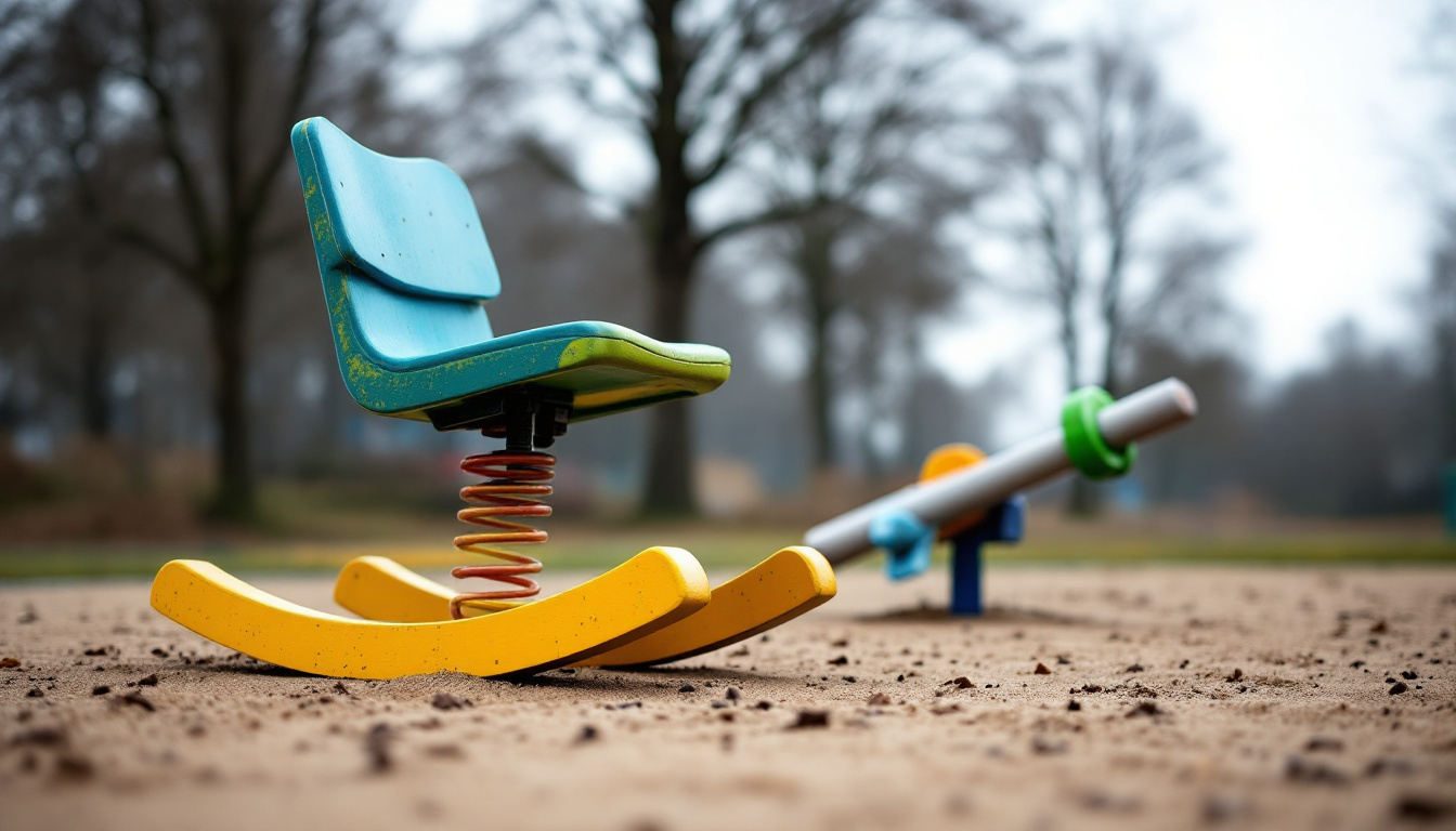 Bunter Federwipper und eine Wippe auf sandigem Untergrund eines Spielplatzes.