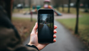 Von hinten gesehene Person hält ein Smartphone in Richtung eines Spielplatzes, der Bildschirm ist nicht sichtbar.