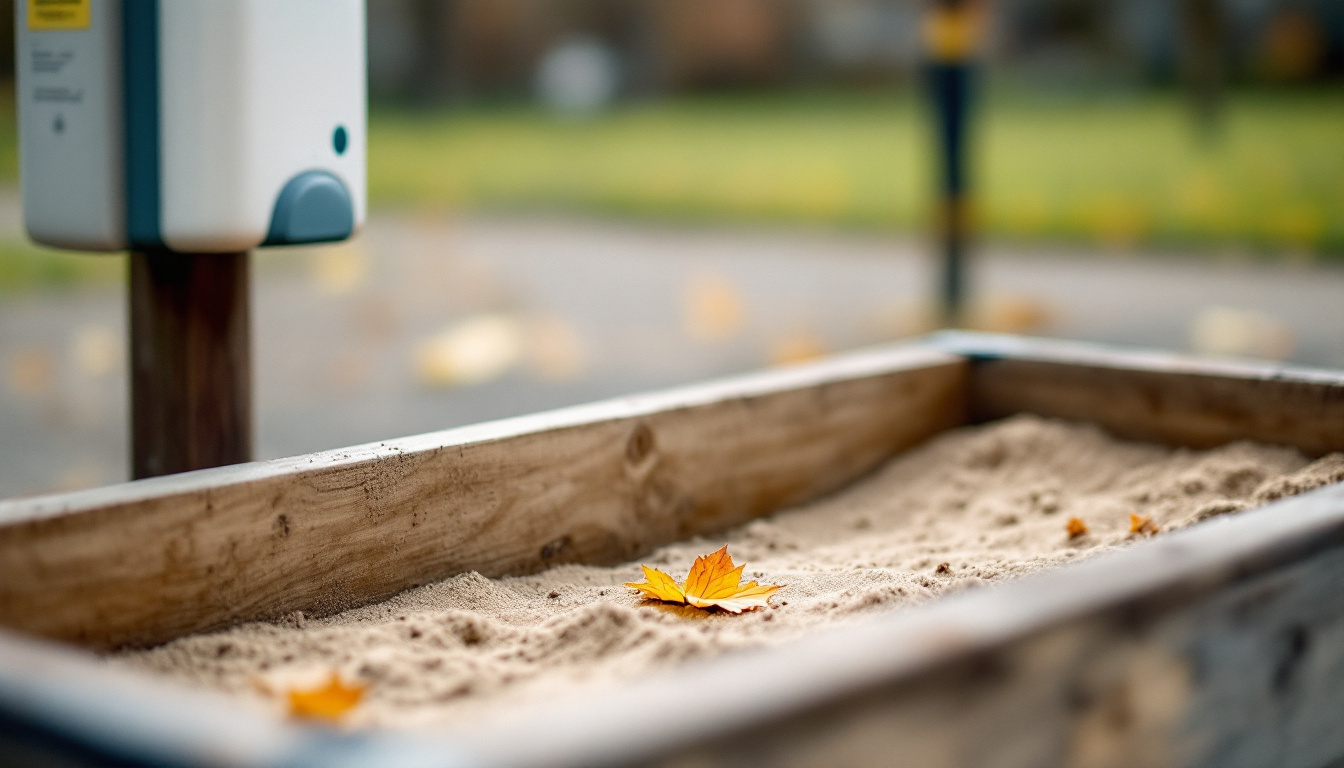 Sandkiste mit Holzrand und einzelnem Blatt, im unscharfen Hintergrund ein Pfosten.