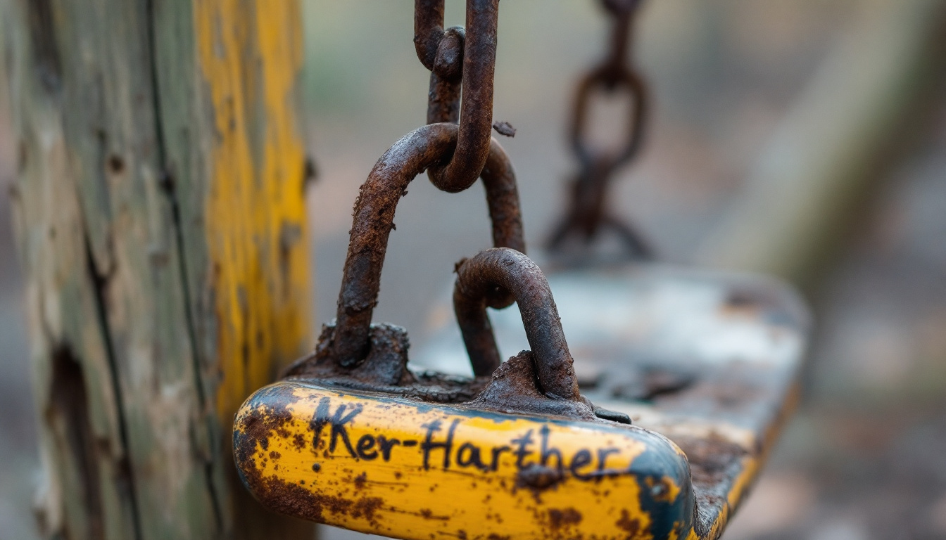 Verrostetes, loses Kettenglied an einer schief hängenden Schaukel neben einem splittrigen Holzpfosten.