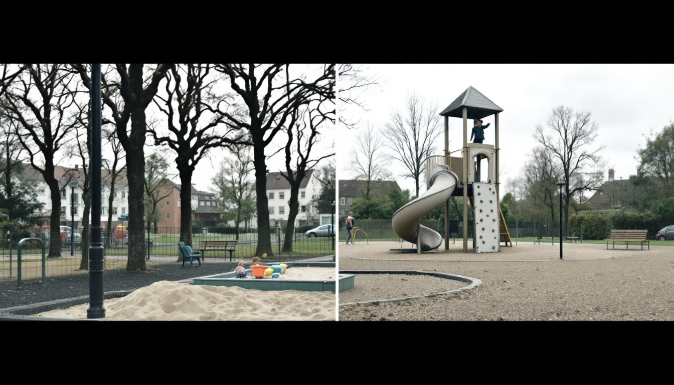 Spielplatz mit einer niedrigen Sandkiste im Vordergrund und einem höheren Klettergerüst im Hintergrund.