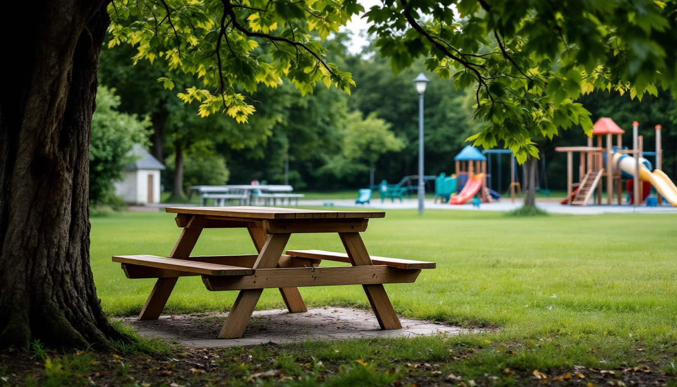 Holzbank mit Tisch unter einem Baum neben einem Spielplatz, dahinter Rasen und Spielgeräte.