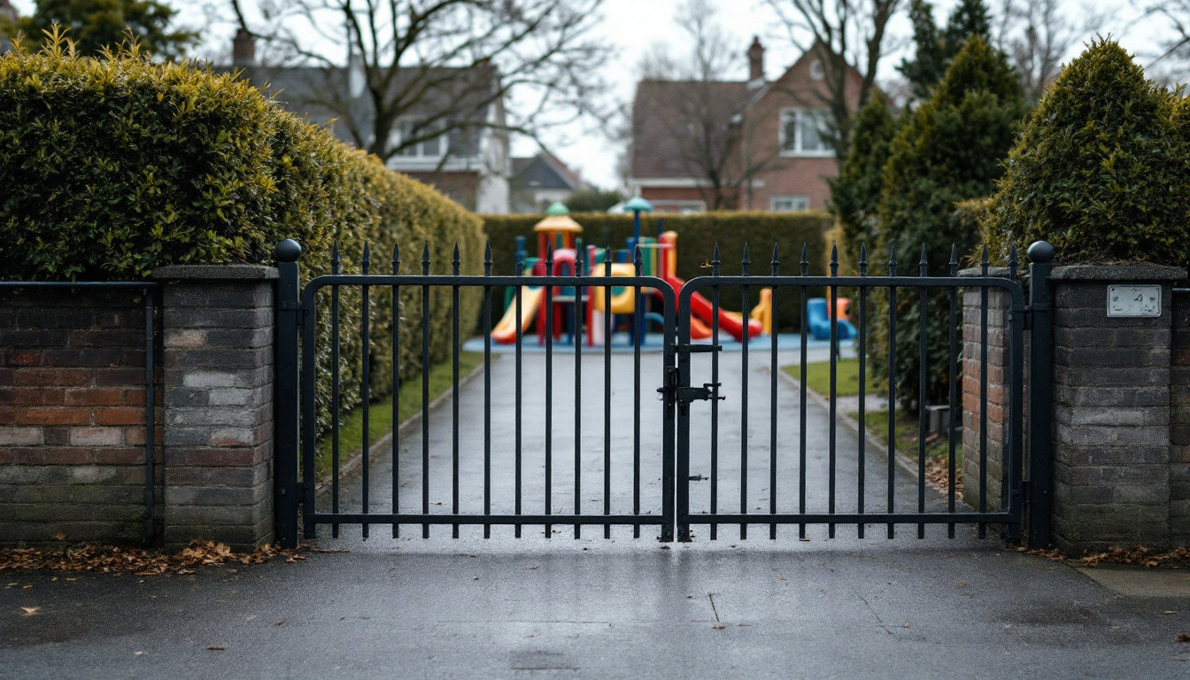 Geschlossenes Metalltor im niedrigen Zaun am Eingang eines Spielplatzes, dahinter Hecken und Spielgeräte.