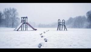Verschneiter Spielplatz mit vereister Rutsche und Klettergerüst, Fußspuren im Schnee unter grauem Himmel.