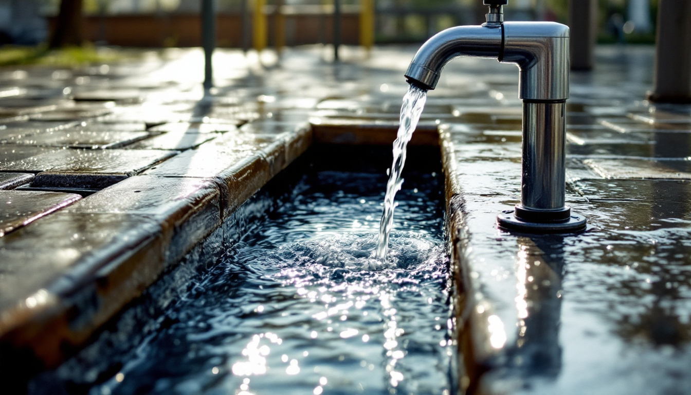 Wasserspielbereich mit flacher Rinne, Handpumpe und nassem Pflaster in der Sonne.